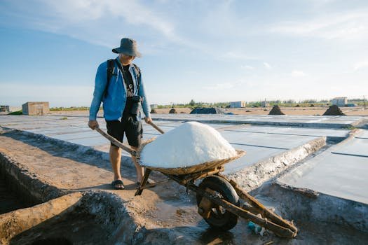 Man working in salt flats, pushing wheelbarrow under summer sun, displaying traditional salt production.